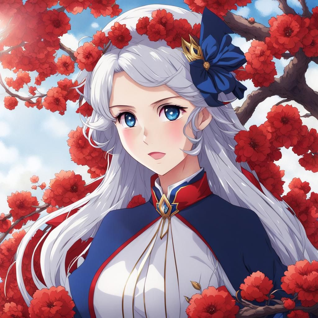 Anime-Style Woman with Long White Hair