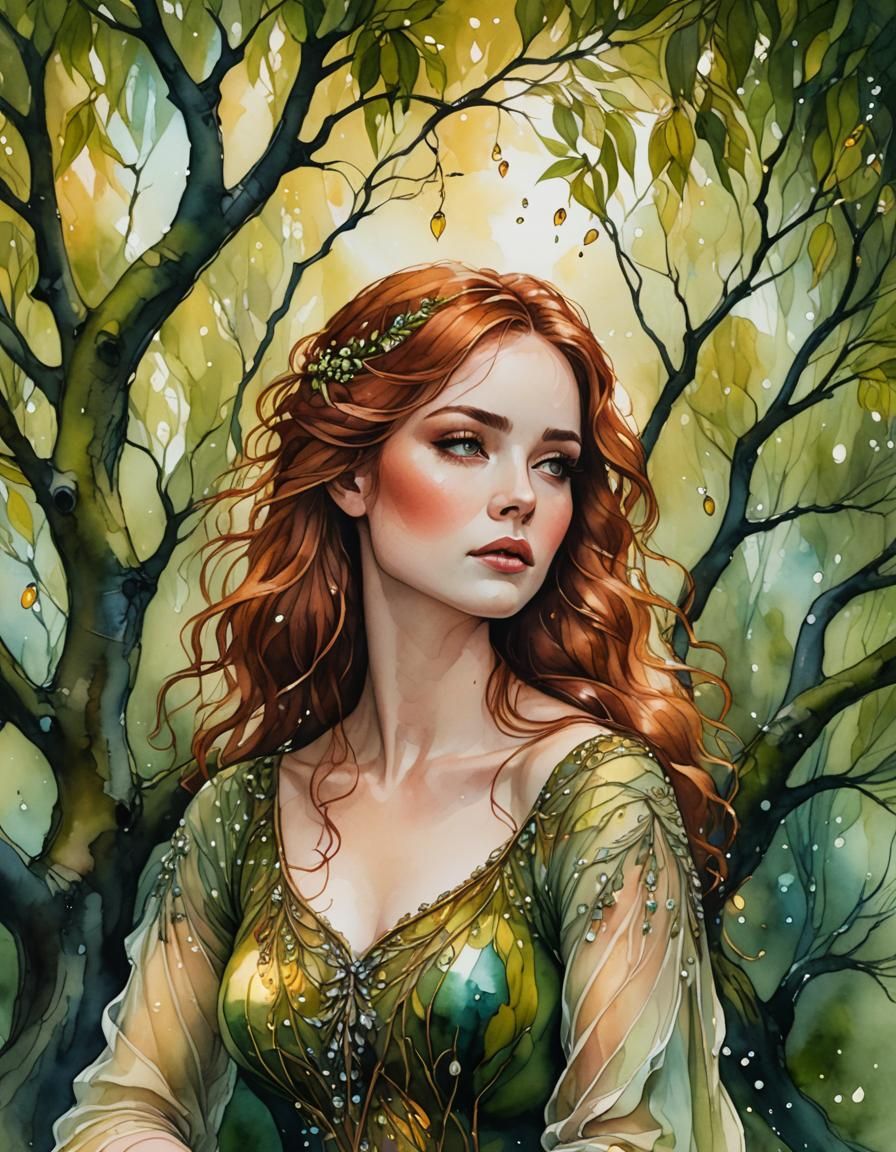Enchanted Scottish Girl Under Willow Tree in Alcohol Ink