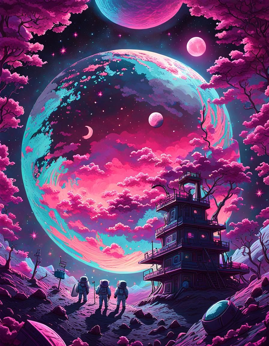 Magical Vaporwave Moon with Hello World in Candy Art Style