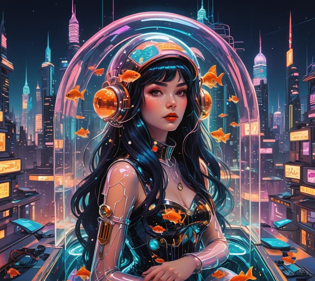 Cyber Mermaid Snow White in Synthwave Style