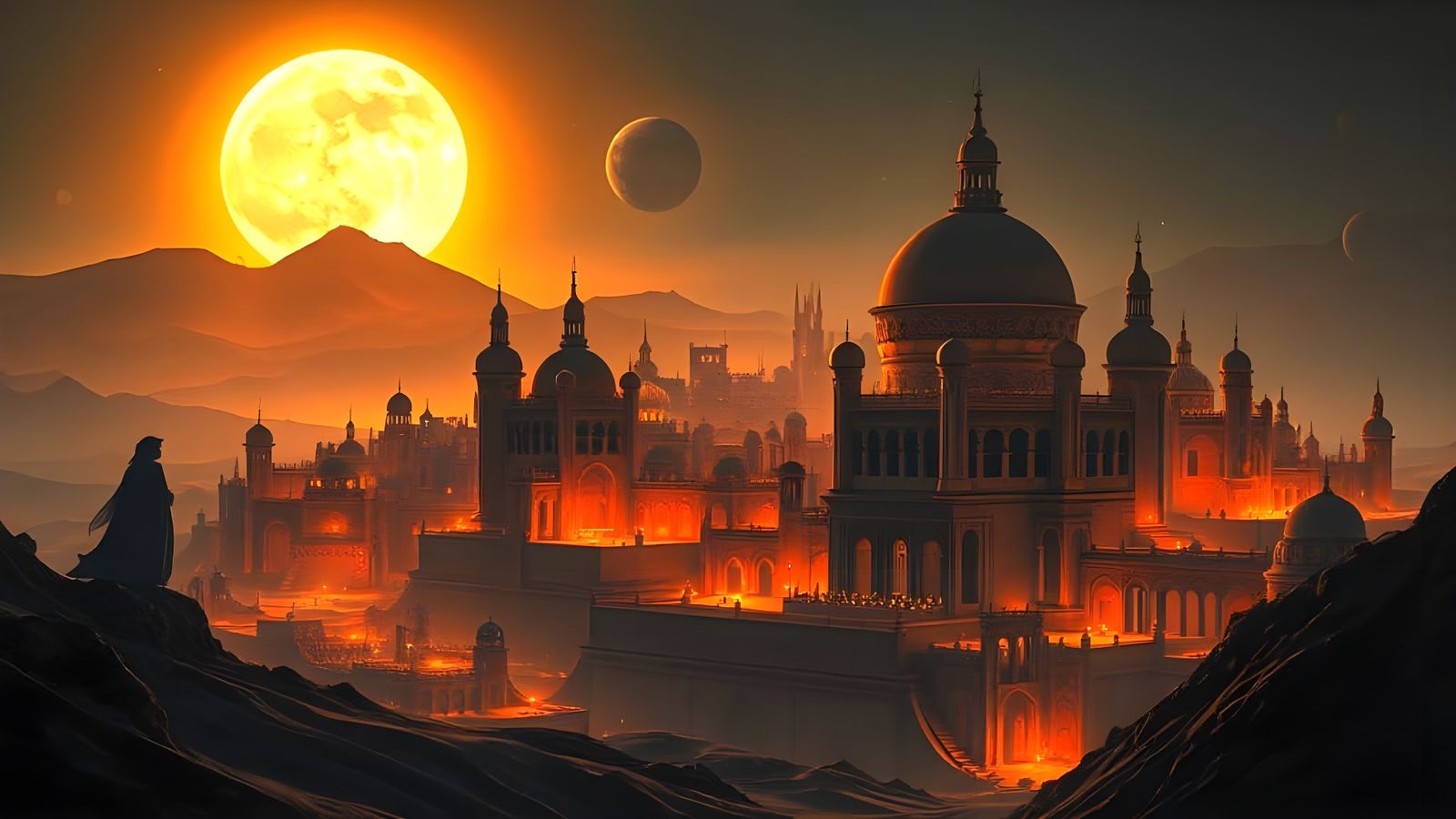 Moonlit Desert Cityscape in Art Nouveau Style