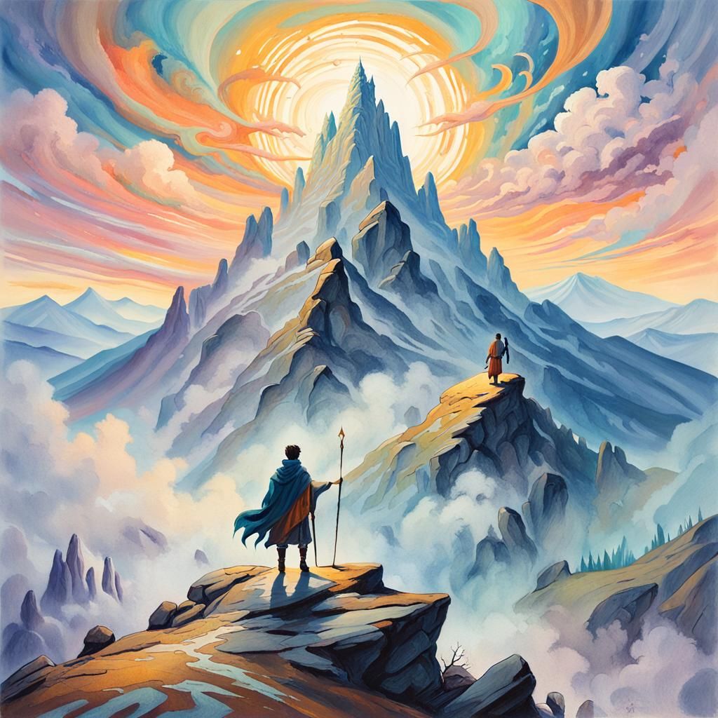 Fantasy Adventurer on Mystical Mountain, Gouache Painting