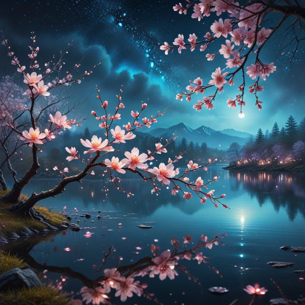 Surreal Cherry Blossoms at Night Oil Painting