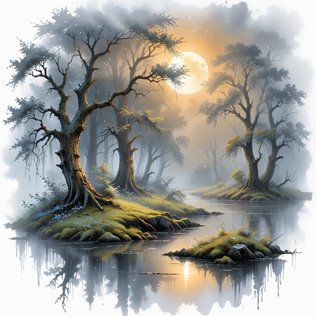 Moonlit Glade of Whispering Elms in a Wet-on-Wet Oil Paintin...