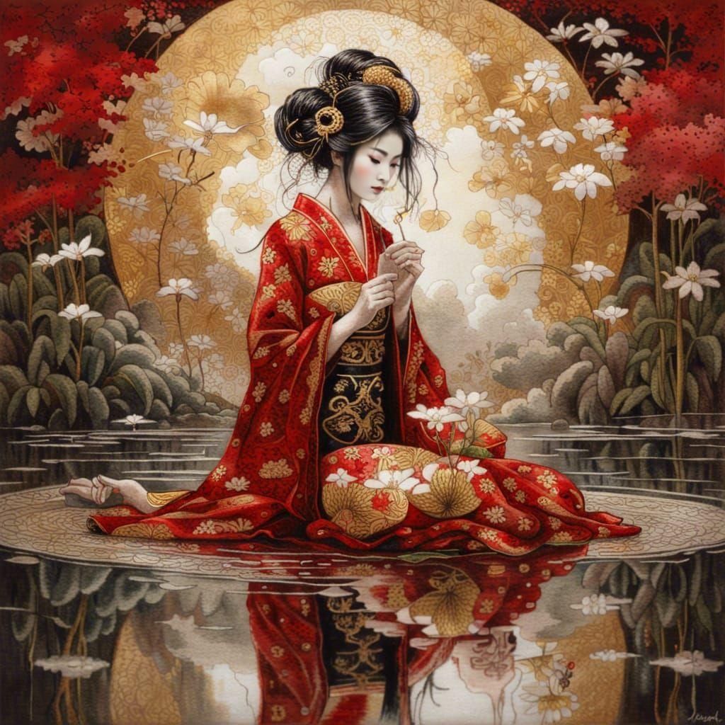 Ornate Japanese Geisha in Mirrored Reflection
