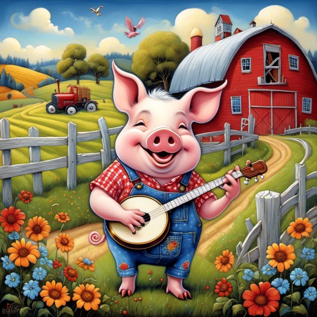 Groovy Pig Playing Banjo on the Farm