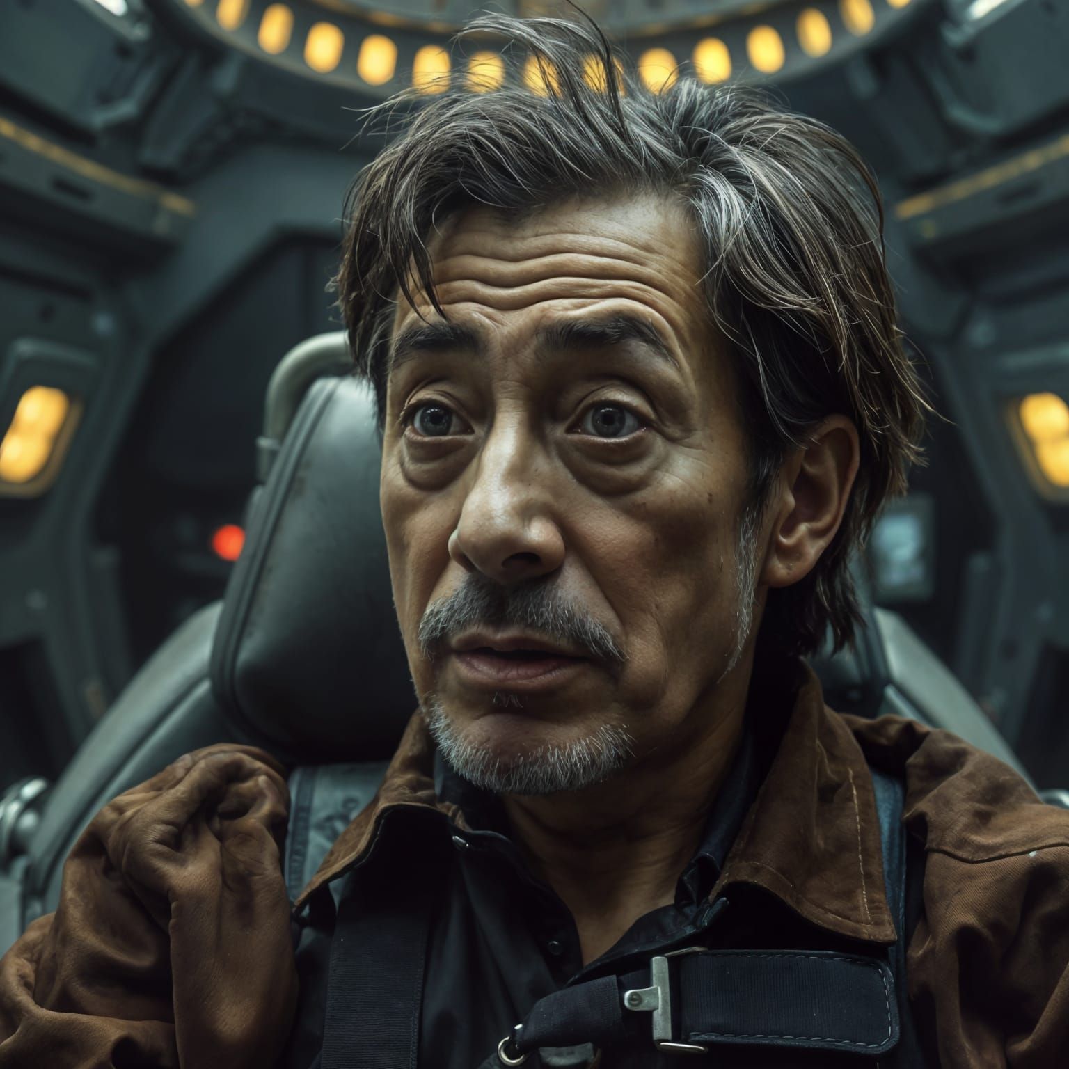 Dystopian Asian Man Seated in a Weathered Star Wars Cockpit ...