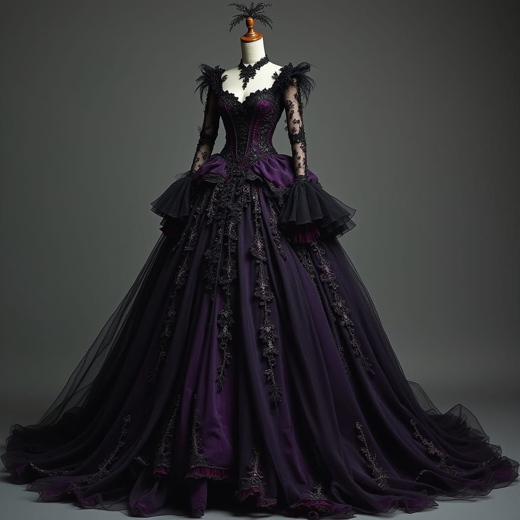 Gothic Elegance in Black and Purple Wedding Gown