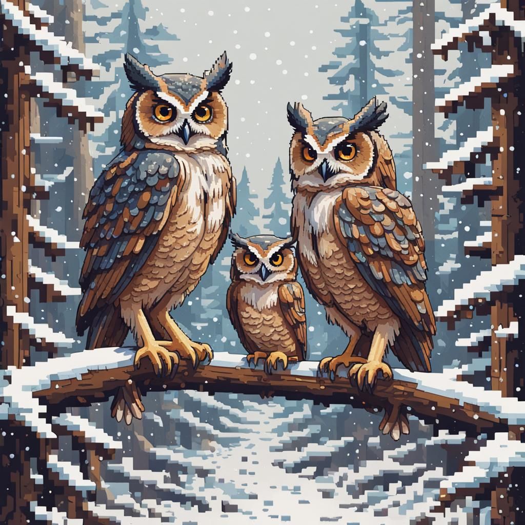 Owls in Snowy Forest: 8-Bit Pixel Art