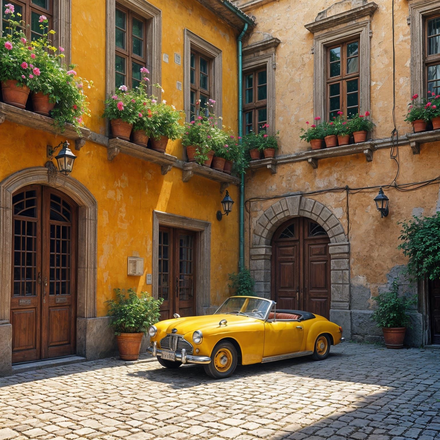 Dieselpunk Courtyard with Vintage Car, Hyperrealistic Photo