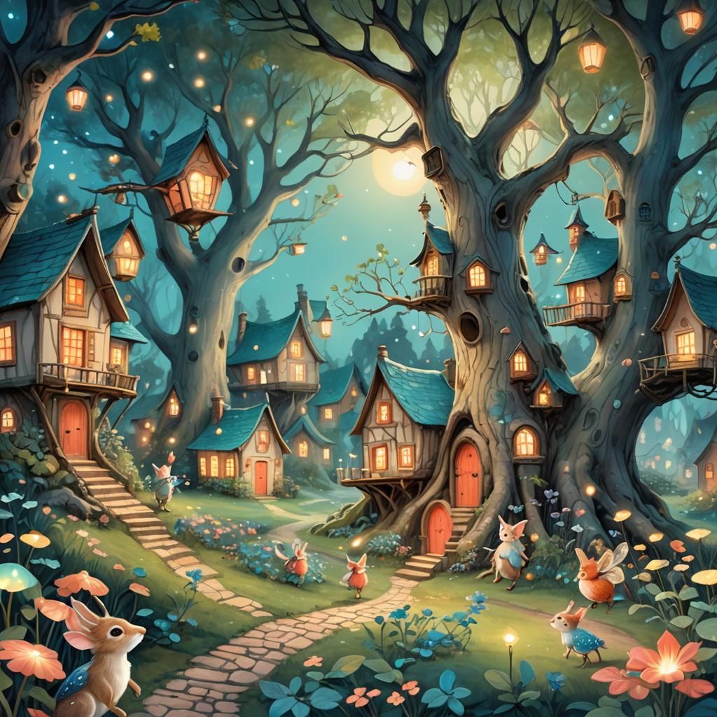 Fantasy Village in a Magical Tree: Whimsical Fairies and Bab...