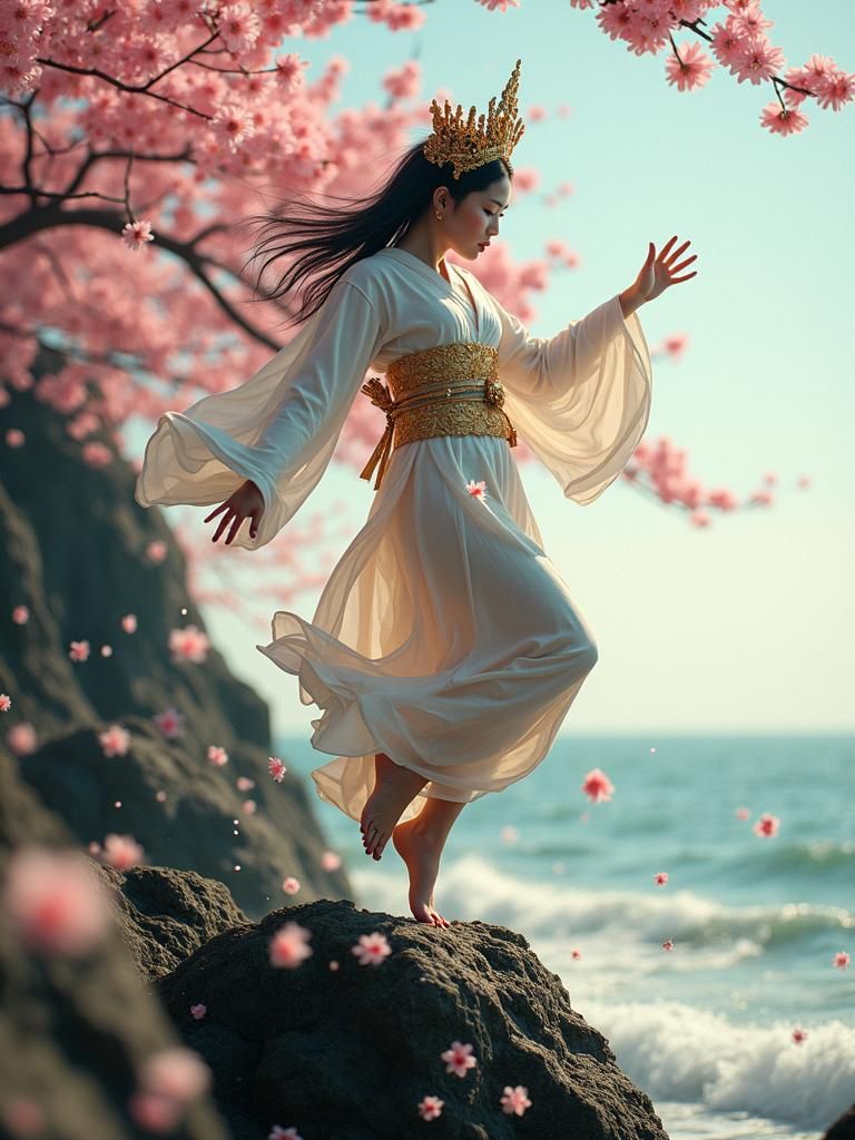 Amaterasu Dances Amidst Sakura, Hyperrealistic Rendering