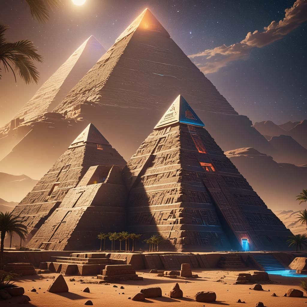 Ethereal Egyptian Pyramid with Holographic Hieroglyphics