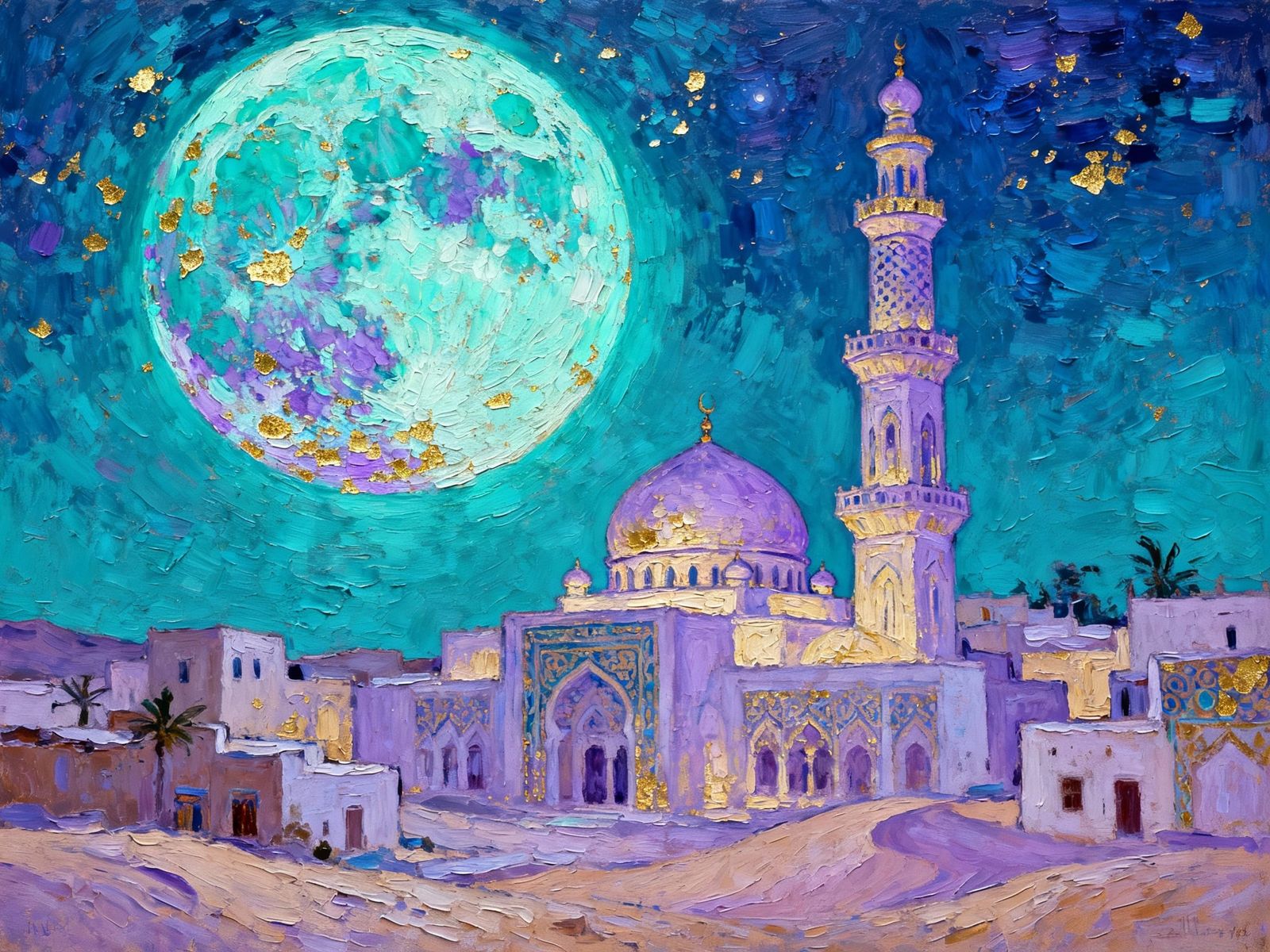 Full Moon Over Arabic Desert Village Oil Painting