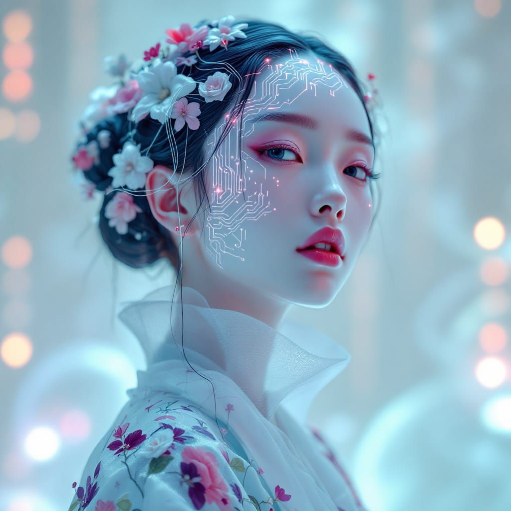 Cyberpunk Kimono Character with Circuitry Skin in 64K