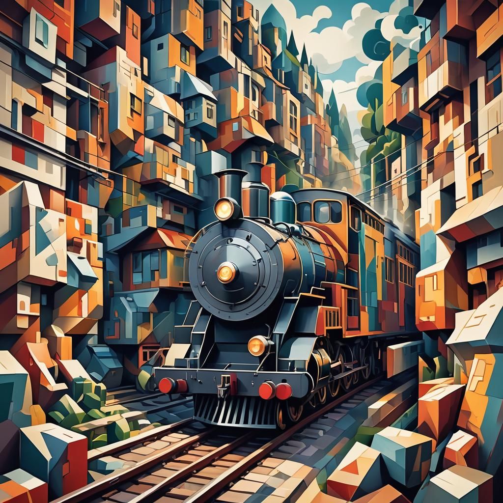 Steam Train in Cubist Art Deco Style