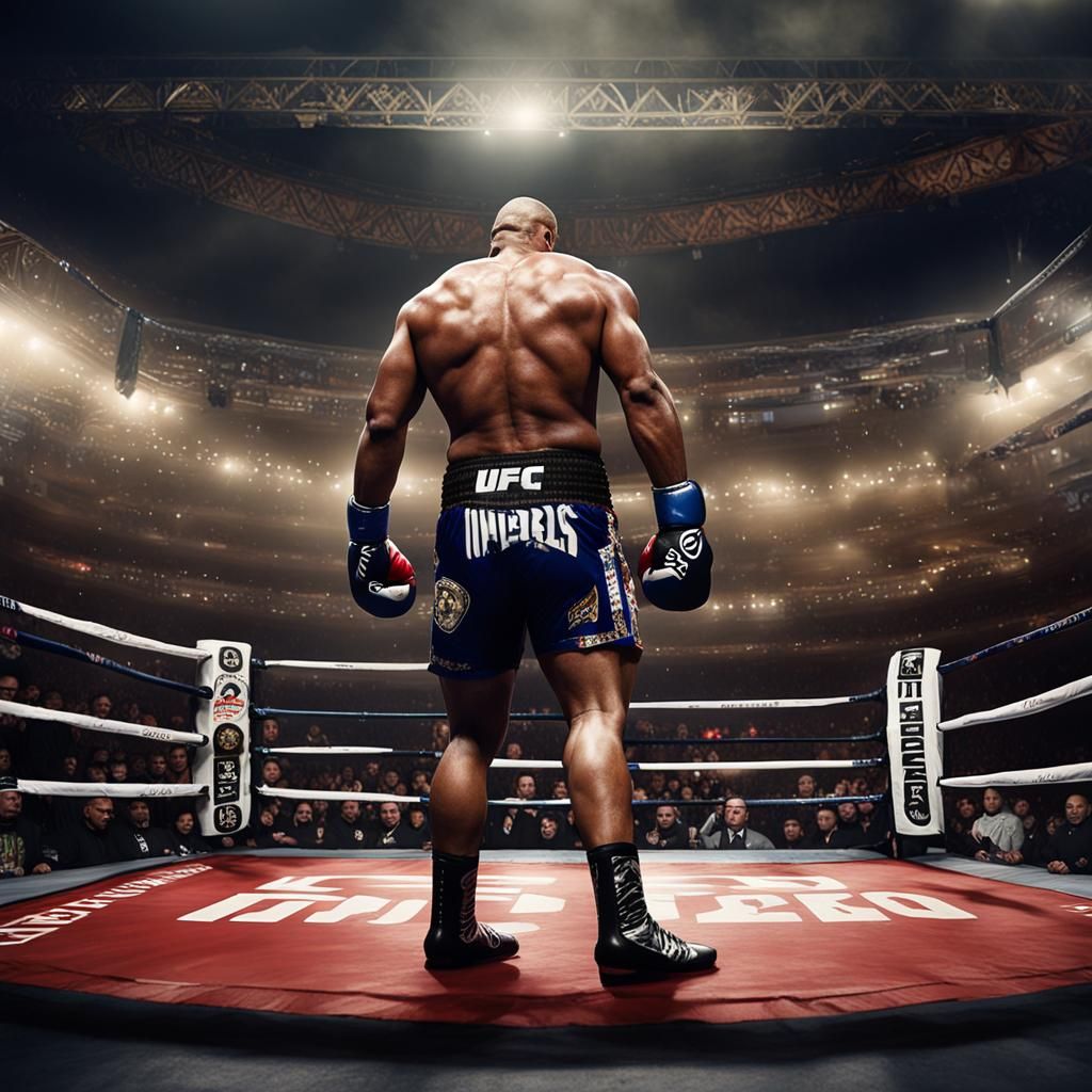 Vista desde arriba de Ring de forma octogonal con un texto en el suelo que ponga “UFC” y dentro de ese ring dos luchador...