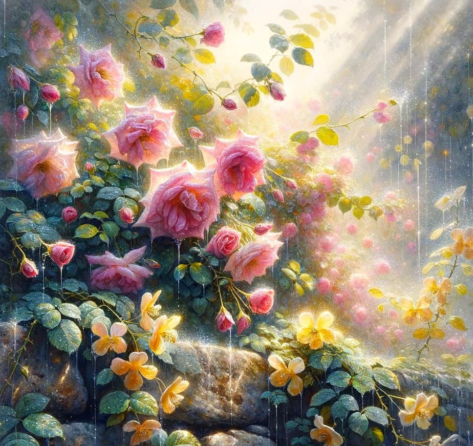 Luminous Watercolour Climbing Roses in Soft Rainy Light
