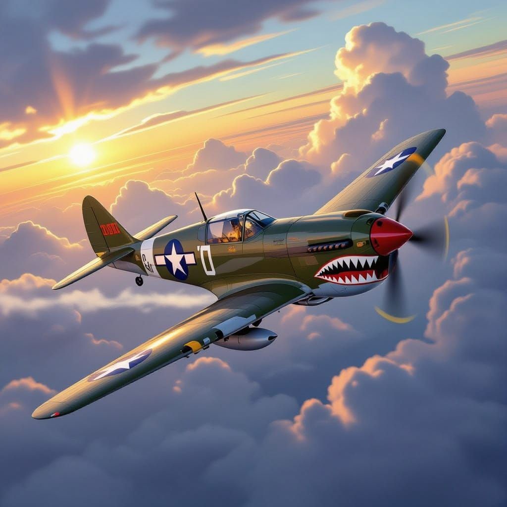 P-40 Warhawk in Flight Over Stormy Skies
