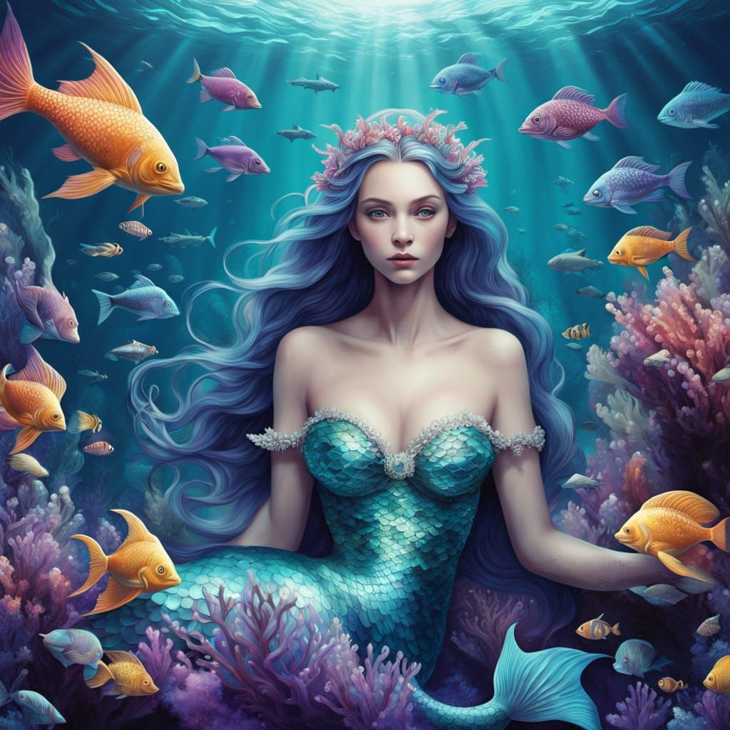 Surreal Mermaid Queen on Bed of Pearls and Jewels