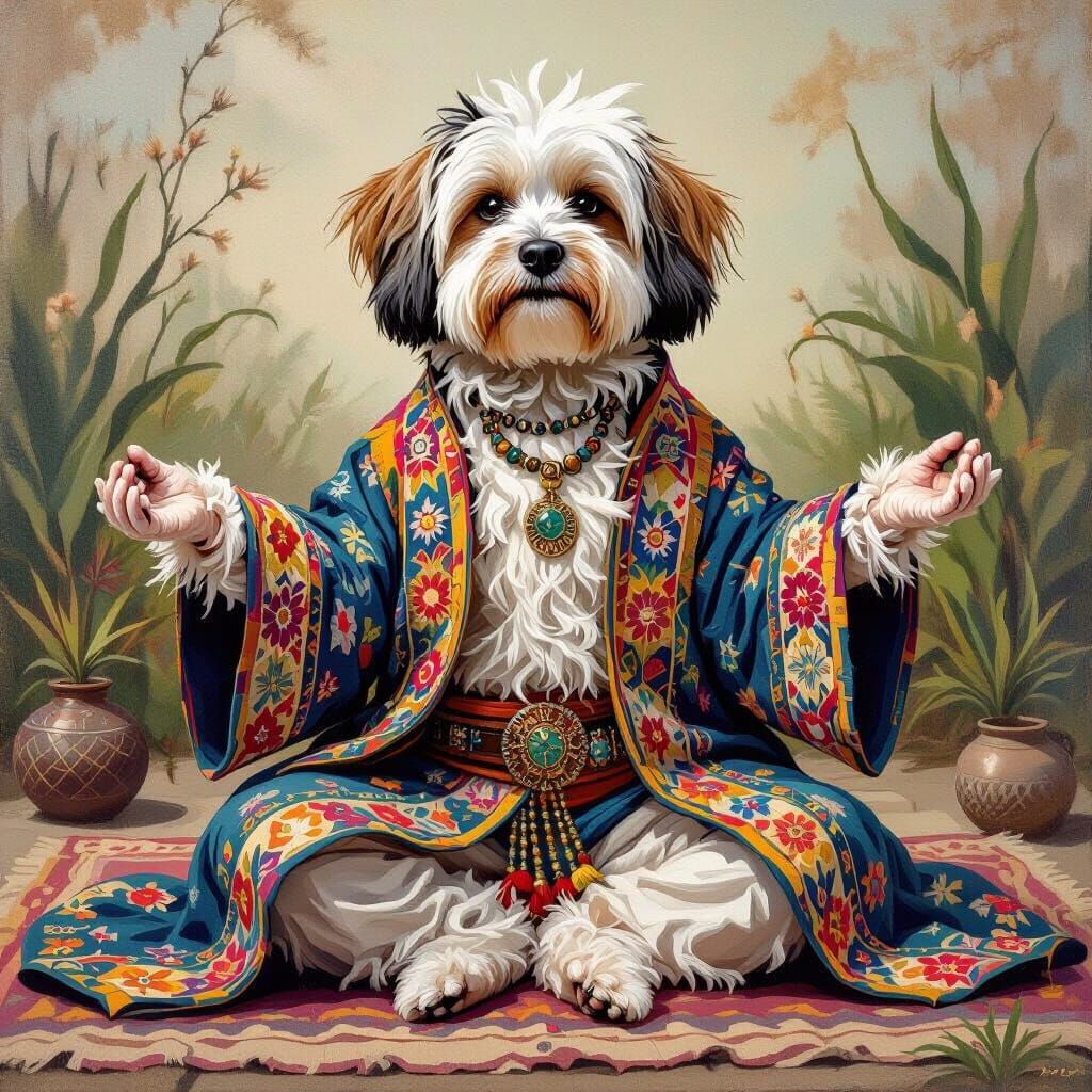 Havanese Shaman in Yoga Pose, Realistic and Detailed