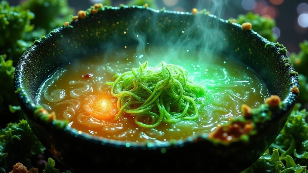 Nebula Ramen with Bioluminescent Vines in Cyberpunk Style