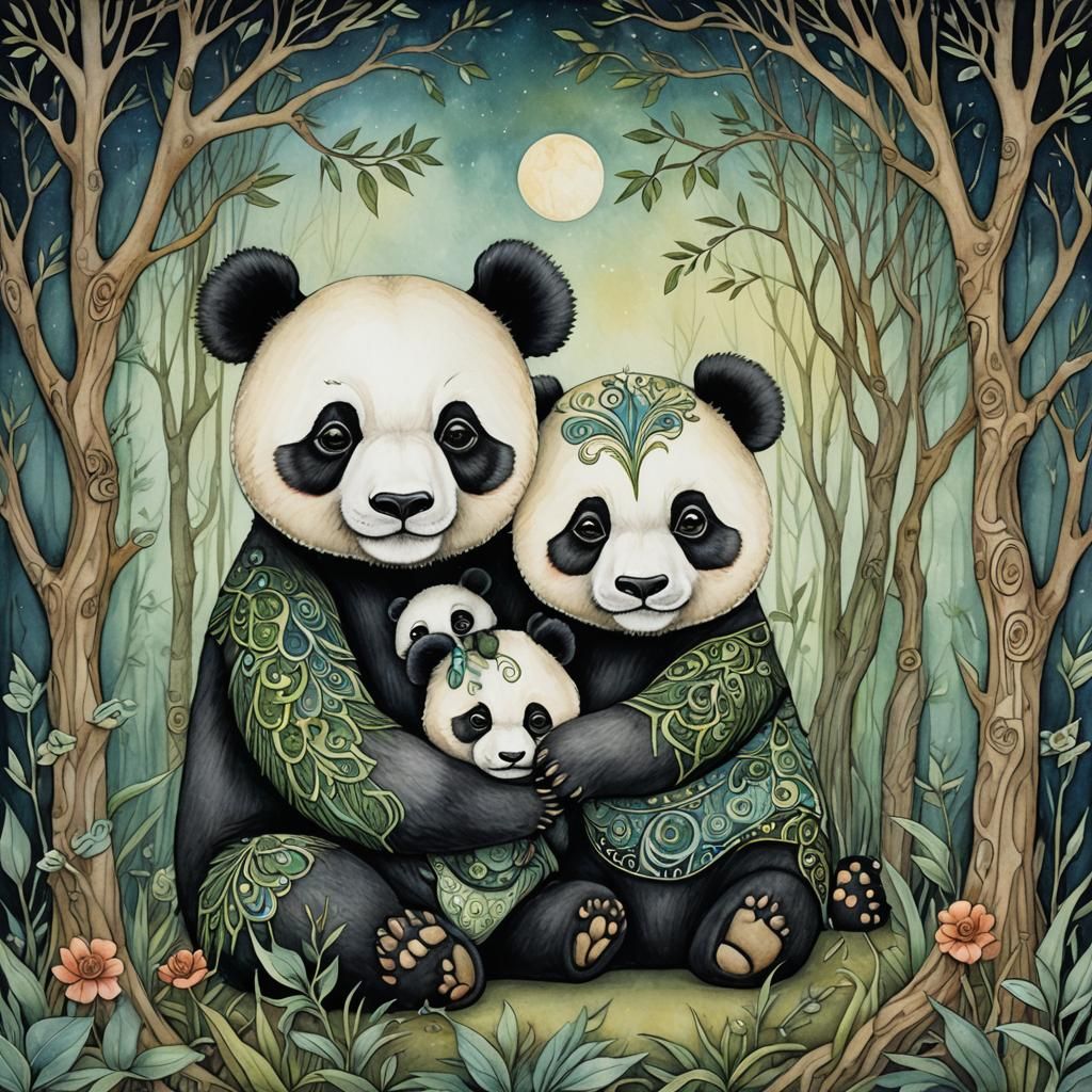 Goth Whimsical Panda Baby and Mother: Watercolor Art Brut
