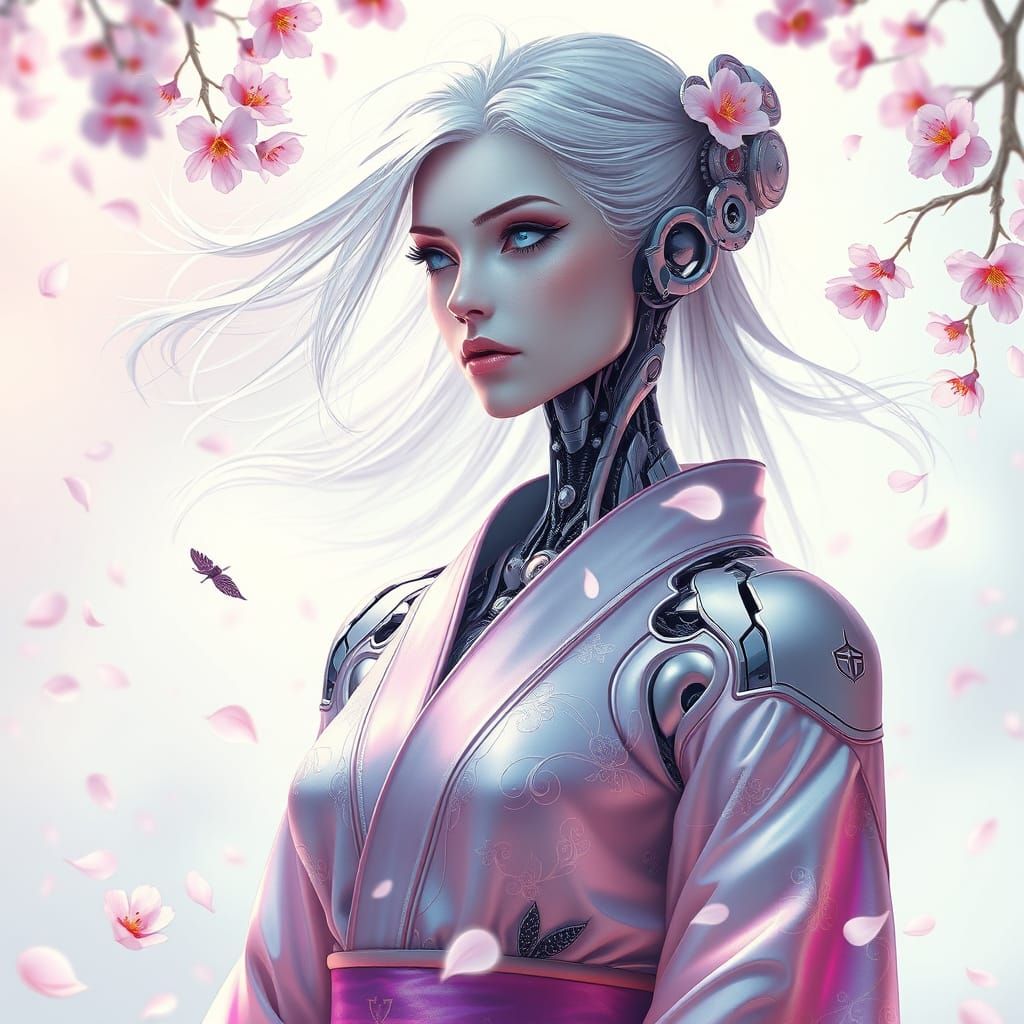 Futuristic Robot Goddess in Kimono Amidst Cherry Blossoms