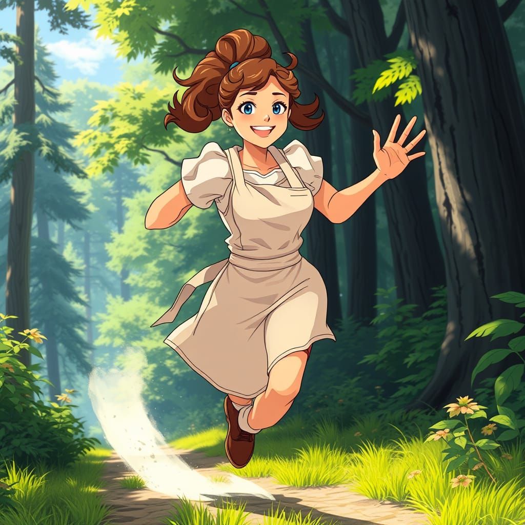 Majestic Baker Woman Runs Through Vibrant Anime Forest