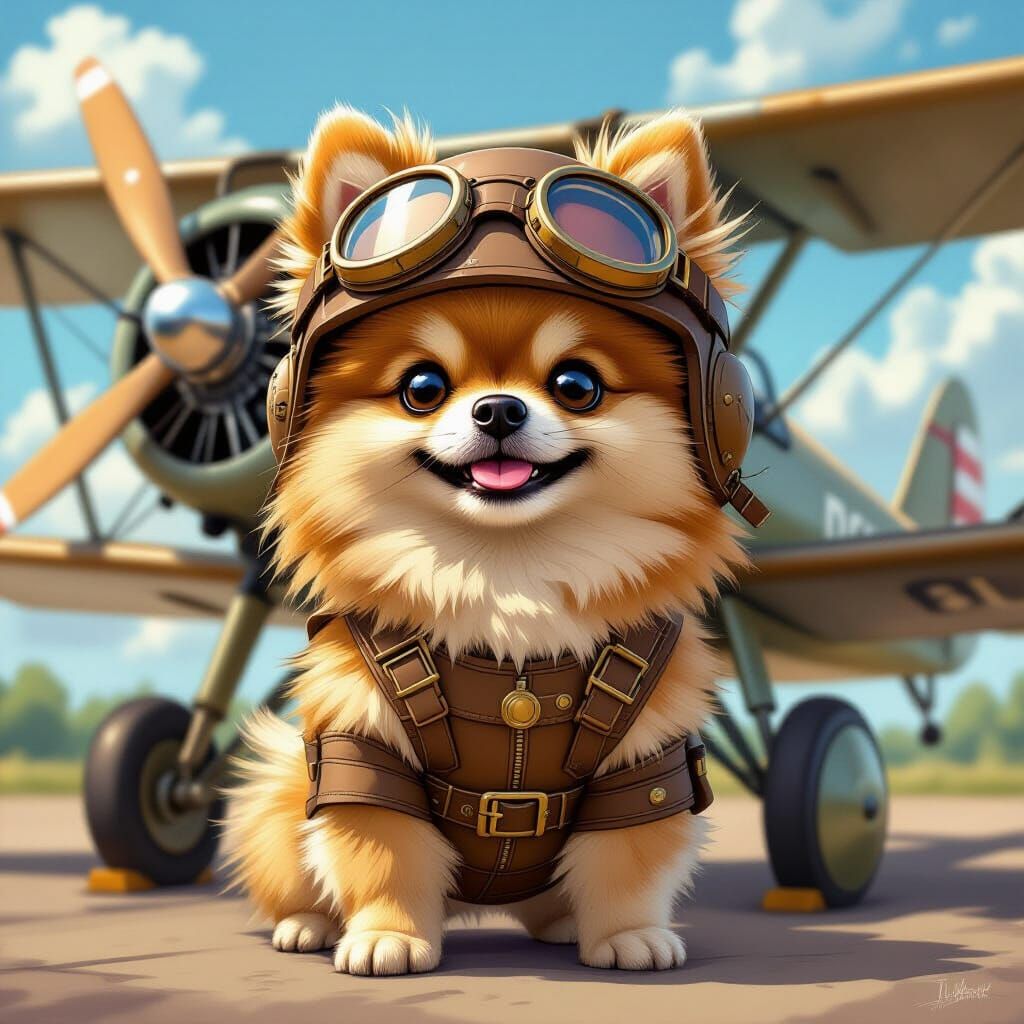 Steampunk Pomeranian Pilot Ready for Takeoff