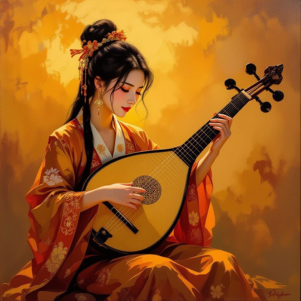 Expressive Oil Painting of a Pipa Musician in Golden Light