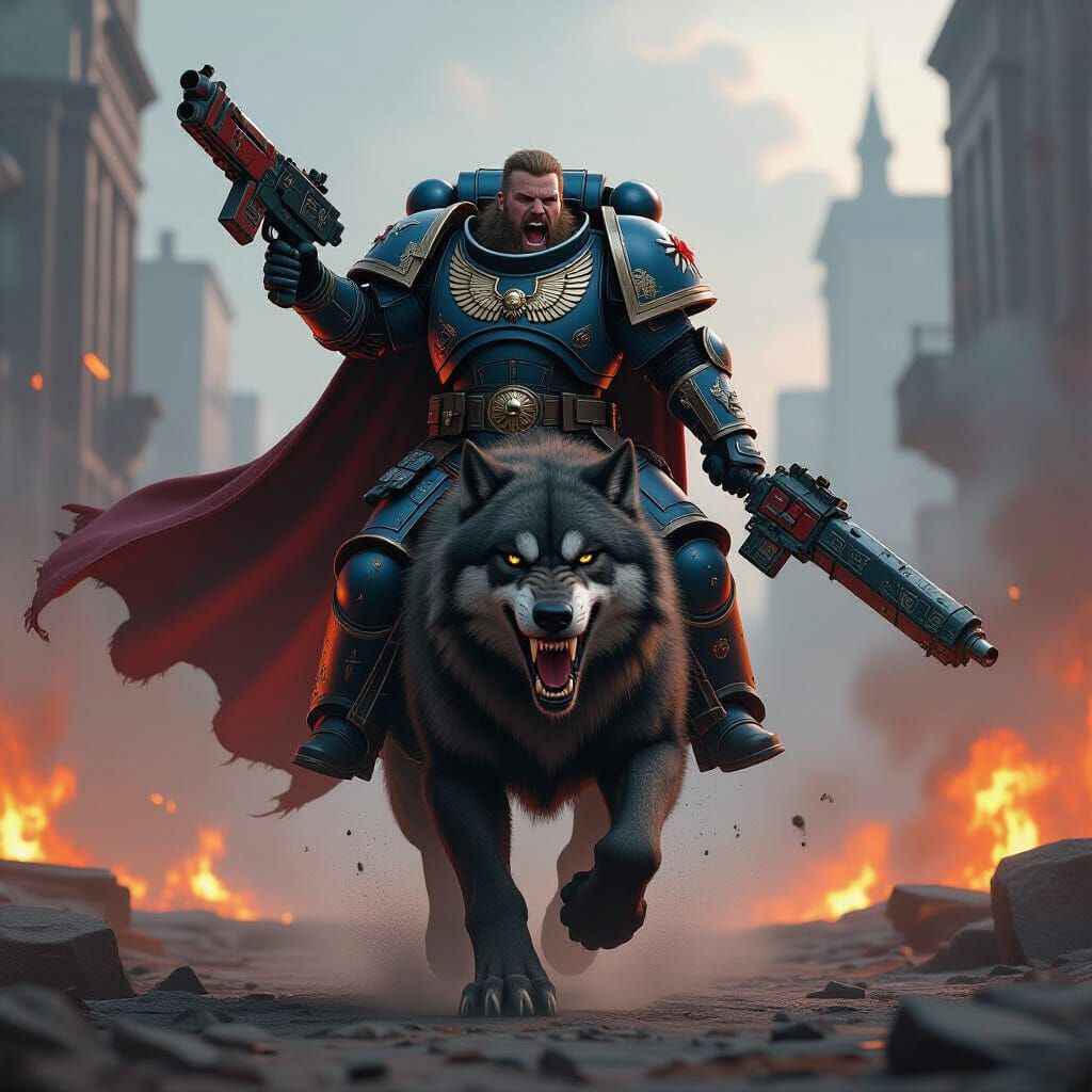 Viking Space Marine Screams on Direwolf in Cyberpunk City