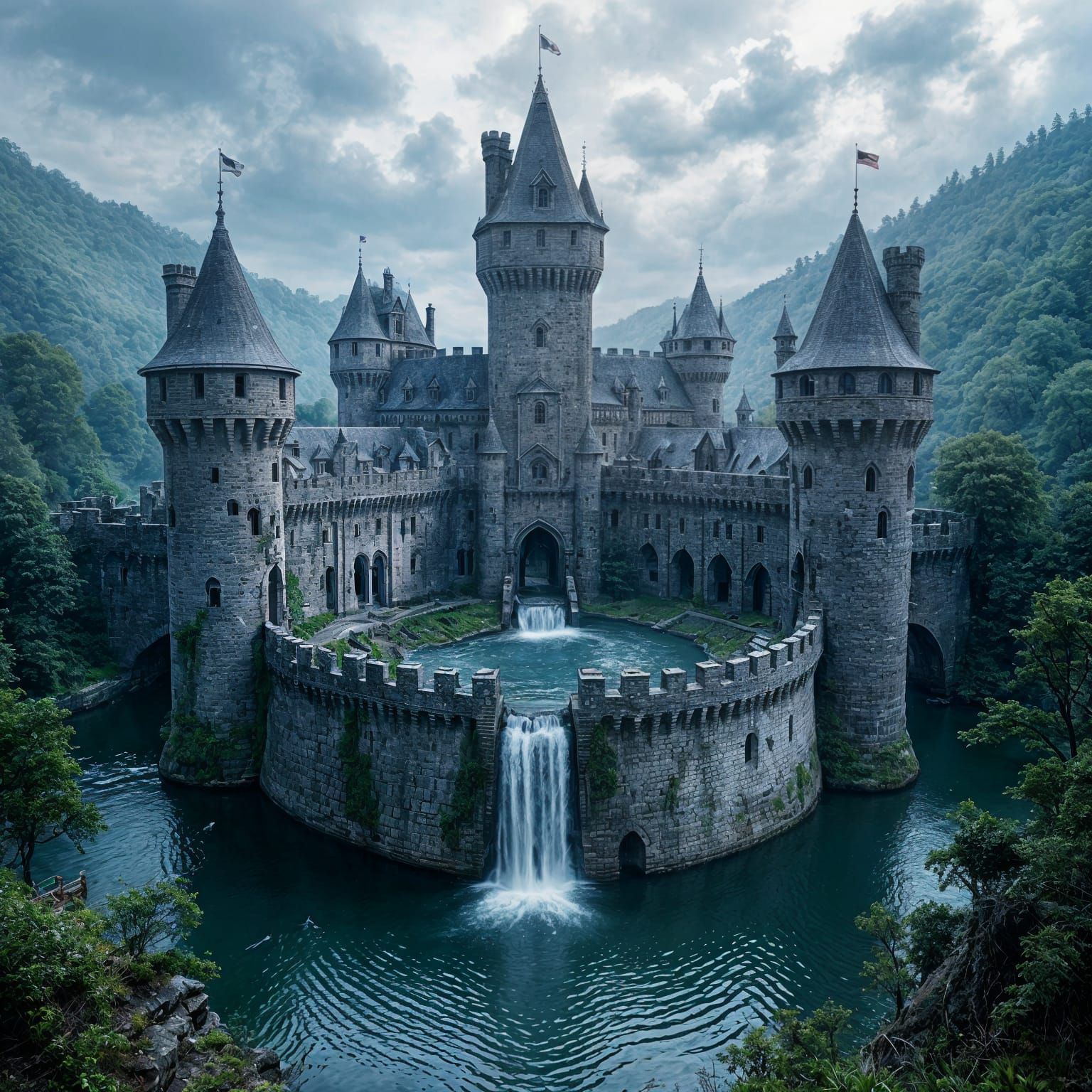 Star-Shaped Castle with Waterfall, Photorealistic Painting