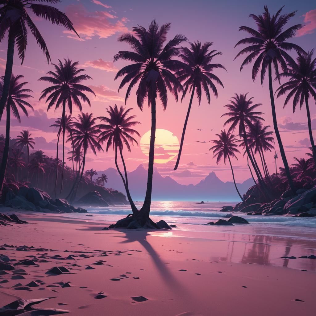 Sunset Beach with Pink Palms: Matte Painting