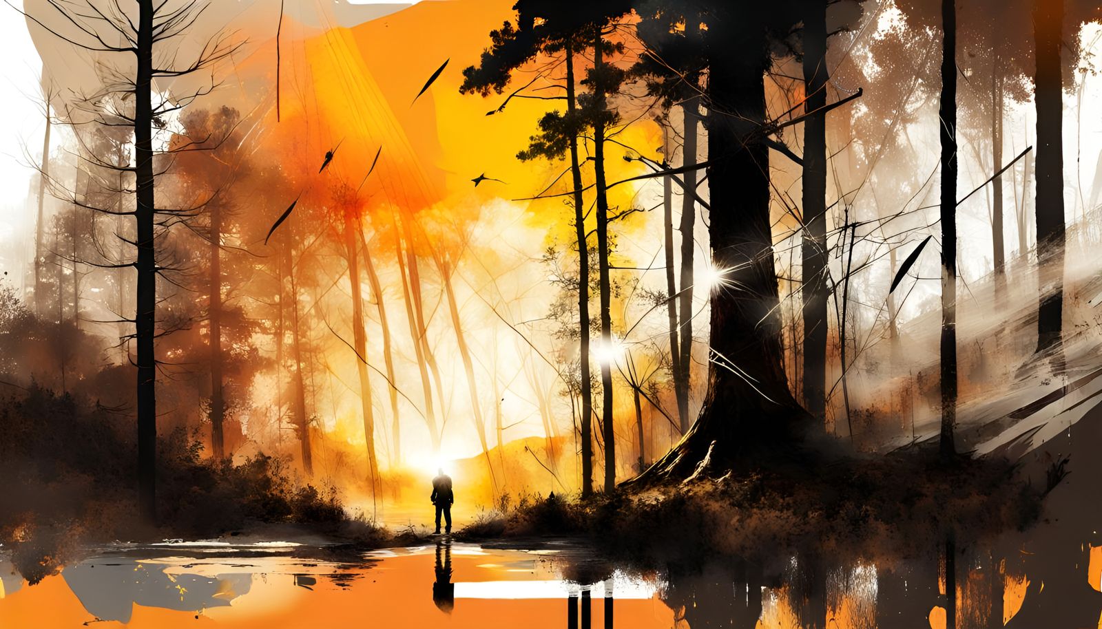 Double Exposure Forest Sunset in Warm Colors