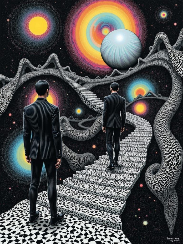 Alice, Neo, and the White Rabbit: Escher-Klimt Fusion