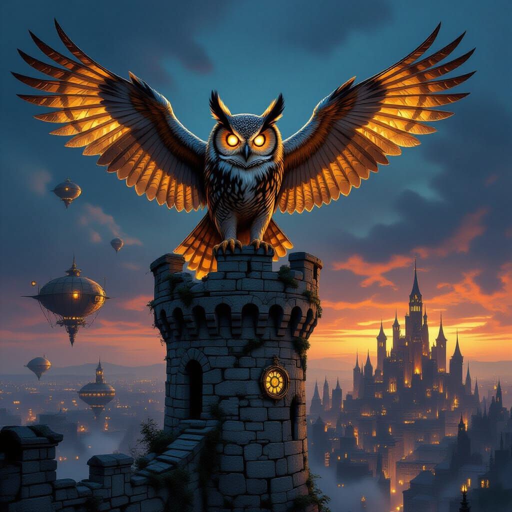 Clockwork Owl on Forgotten Tower Over Steampunk City