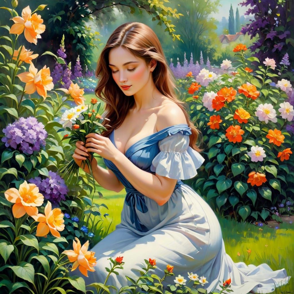 Woman Smelling Flowers in Impressionist Oil Painting