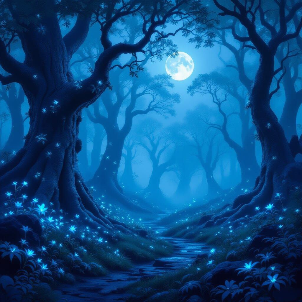 Enchanted Forest Clearing in Moonlight Digital Painting