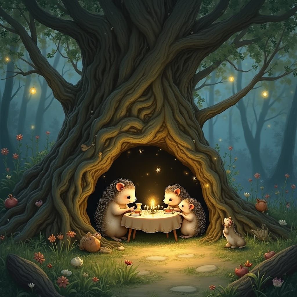 Whimsical Woodland Scene with Hedgehogs at Tea