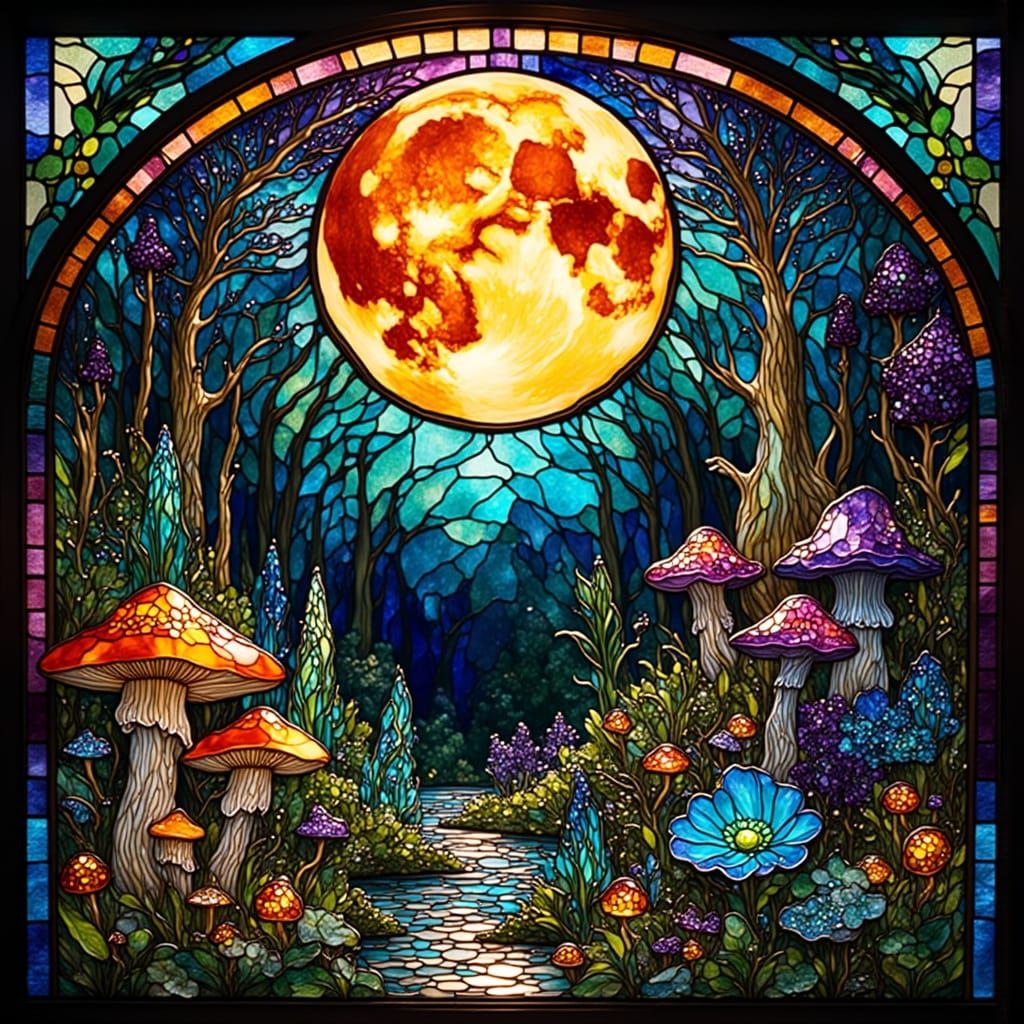 Mystical Forest Stained Glass Window at Night