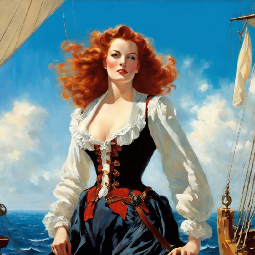 Beautiful Pirate Girl on Deck, Oil Painting Style