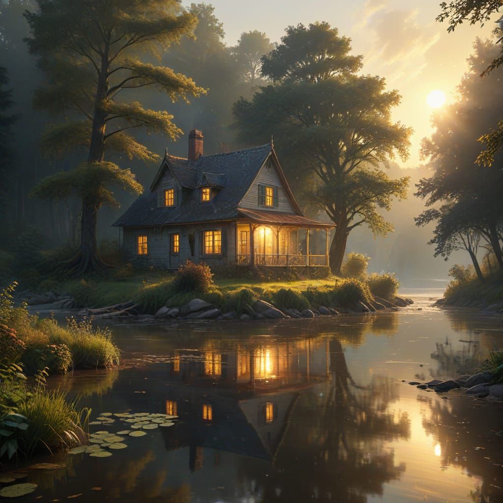 Mysterious Country House by River at Sunrise