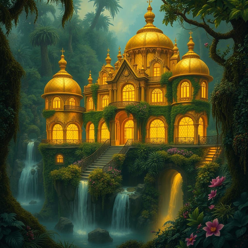 Bioluminescent Jungle Palace in Art Nouveau Style