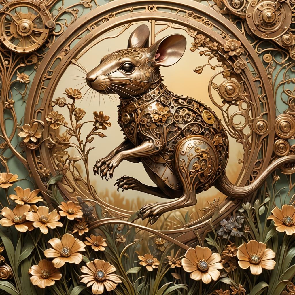 Art Nouveau Kangaroo Mouse Leaping Through Flowers
