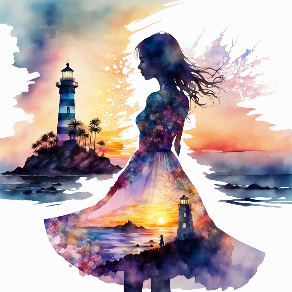 Watercolor Silhouette: Woman and Lighthouse Sunset
