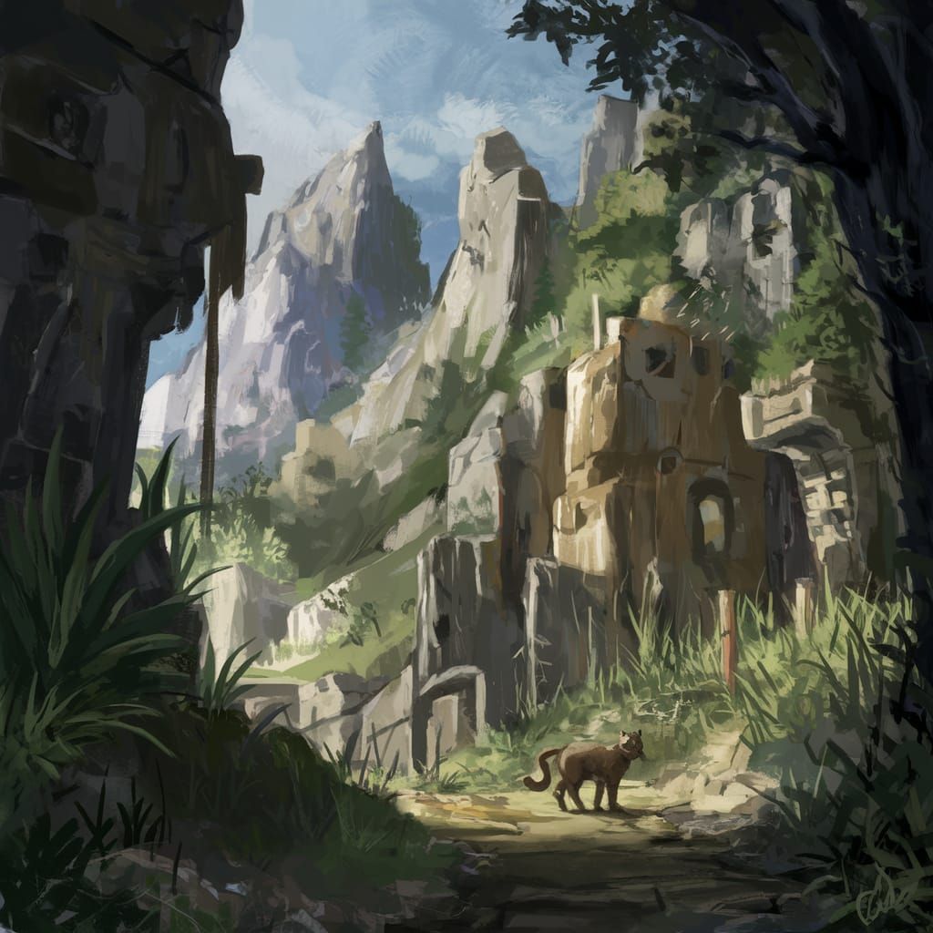 Whiskered Wanderer in Ancient Fantasy Ruins