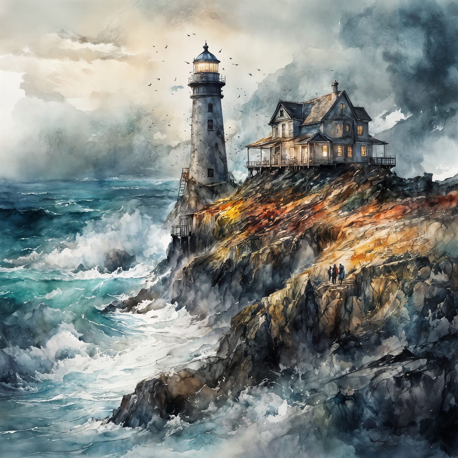 Stormy Coast Lighthouse: Watercolor Illustration