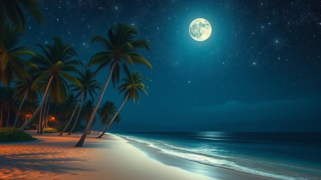 Midnight Tropical Beach with Silver Moonlight