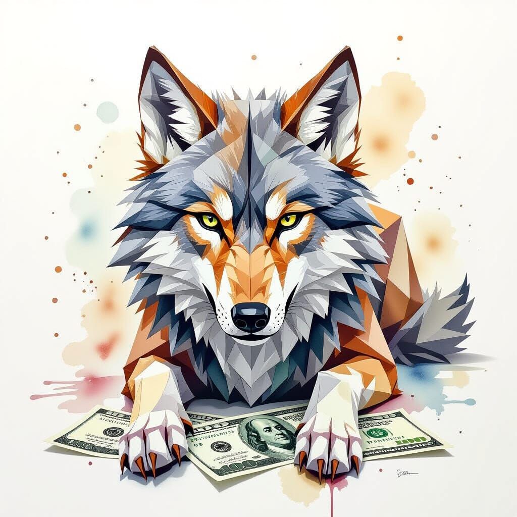 Origami Wolf Standing on Money, Expressive Watercolor Style